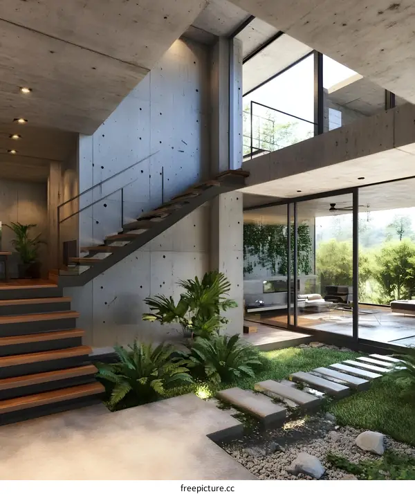 Modern Concrete Home Interior Design With Staircase And Plants