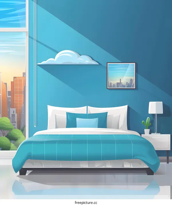 Modern Bedroom Interior Design with Blue Walls and a Large Window