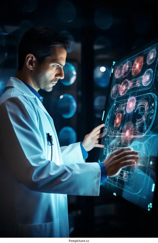 Scientist analyzing data on futuristic touch screen