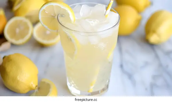 Glass of Lemonade with Ice and Lemon Slices