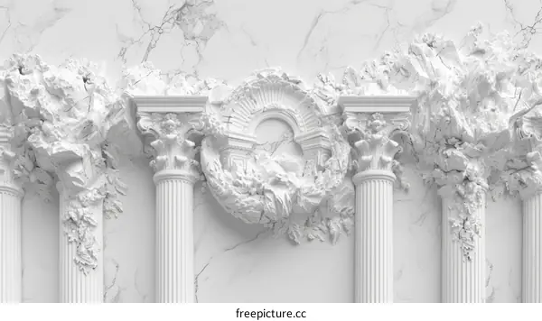 White marble wall with carved columns and floral elements