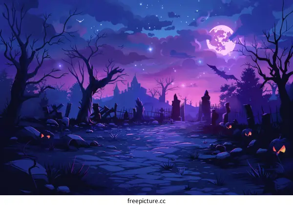 Mystical Graveyard Cemetery Eerie Full Moon Night Illustration