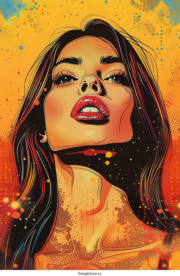 Retro comic book style illustration of a beautiful woman with flowing hair and bright red lips.