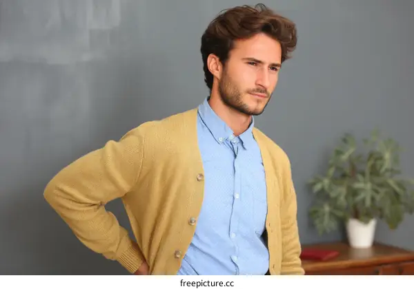 Caucasian Man in a Mustard Cardigan