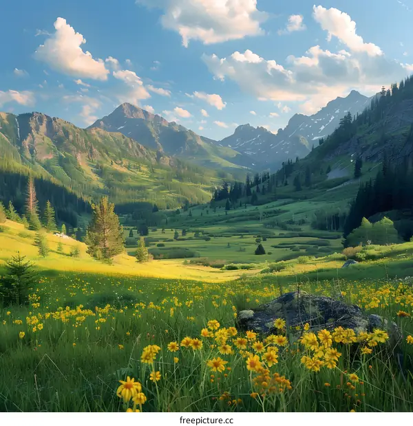 Mountains and wildflowers in a valley