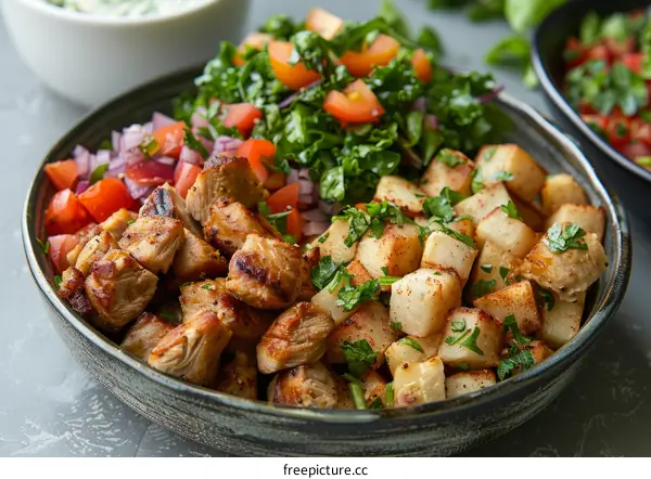 Chicken shawarma bowl with potatoes, tomatoes, and onions