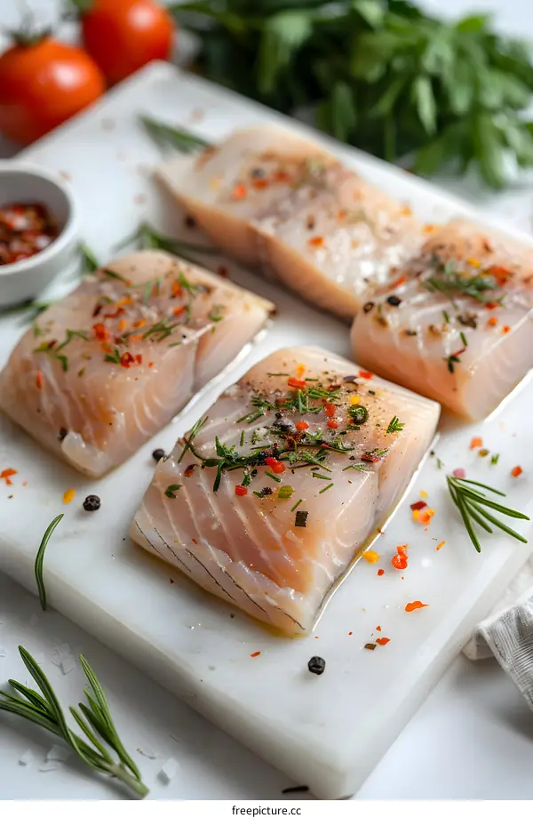 Fresh raw fish fillets with spices and herbs on a marble cutting board