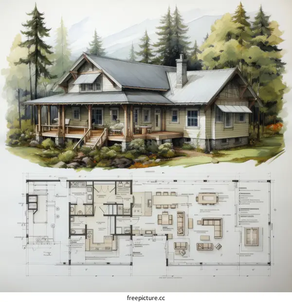 House Plan with Floor Plan: Cabin Design for Nature Retreat