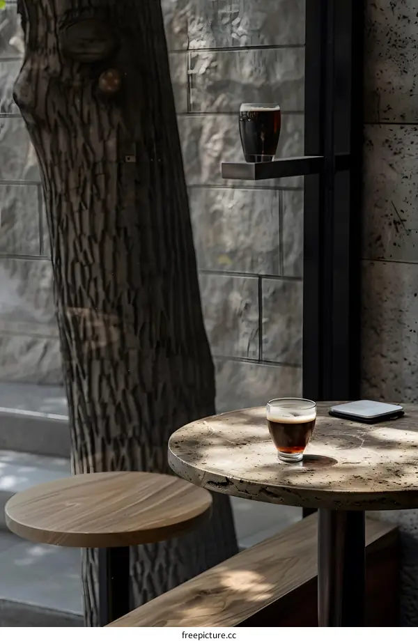 Coffee Cup on a Stone Table by a Window in a Cafe