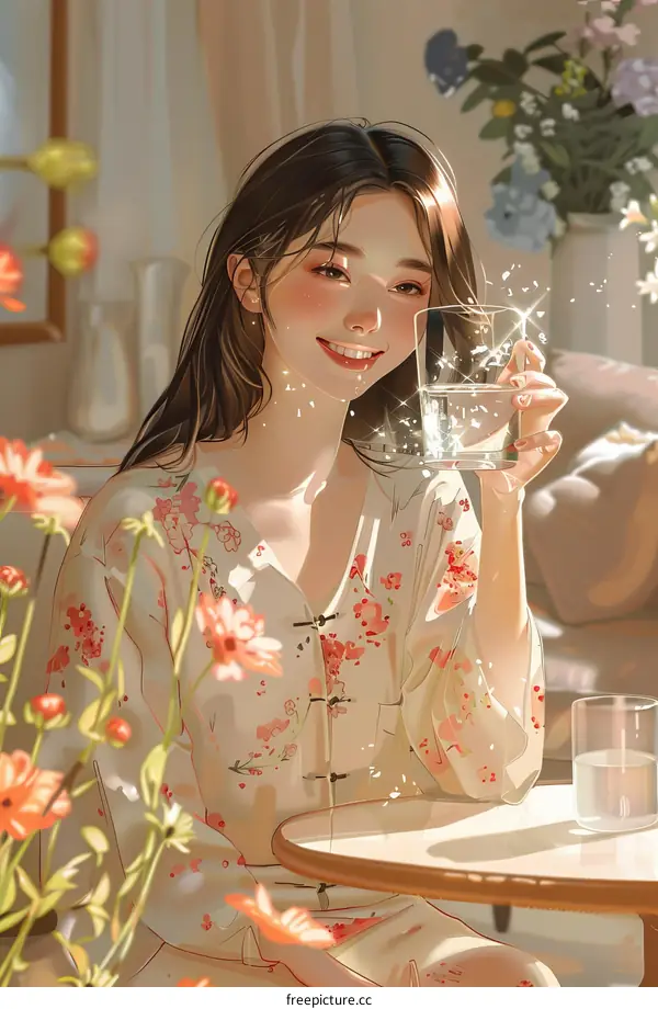 An Asian woman is drinking water in the sunshine