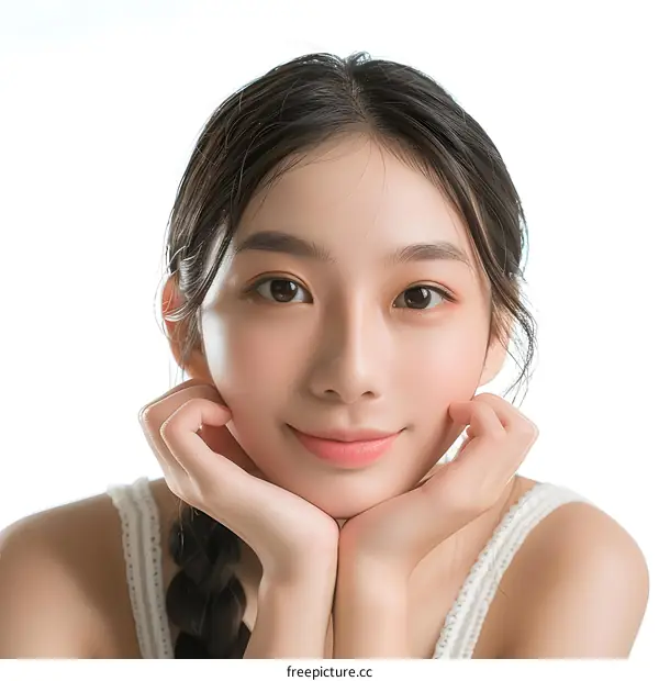 Portrait of a Young Asian Woman with Long Black Hair Smiling