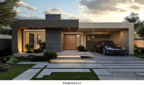 Modern House Exterior Design with Landscaping and Car