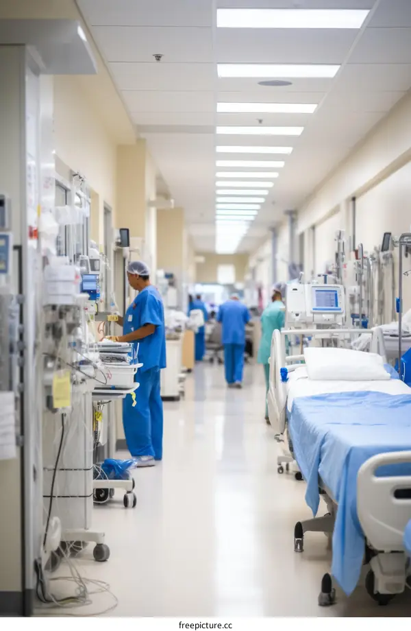 A hospital hallway with a patient bed and medical staff