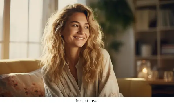 Portrait of a young woman with long blond hair sitting on a couch smiling and looking away