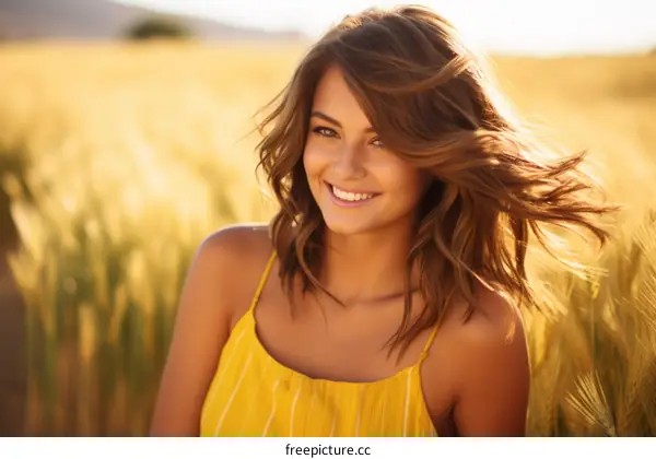 portrait of a smiling young woman in a wheat field
