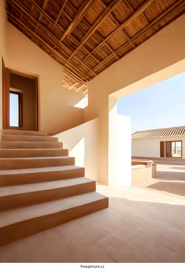 Modern Architecture With Straw Roof And Stairway