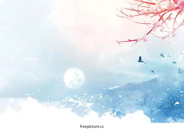 Watercolor Painting of a Moonlit Night with Birds Flying Over Mountains and Cherry Blossoms