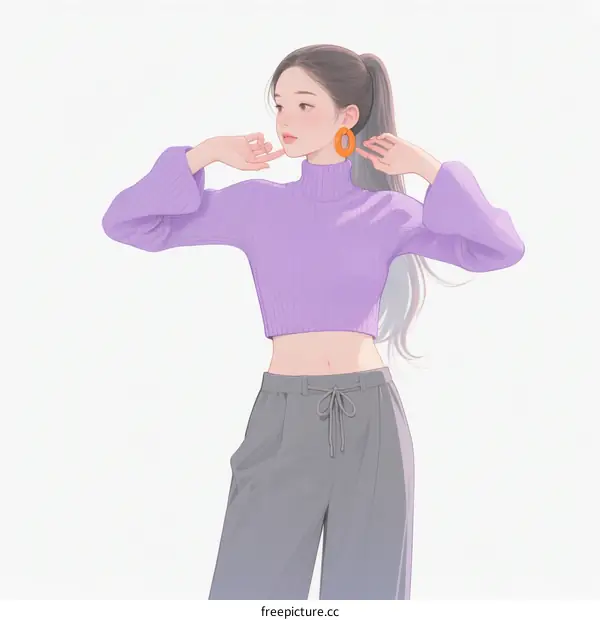 Young Woman in Purple Turtleneck Sweater with High Ponytail