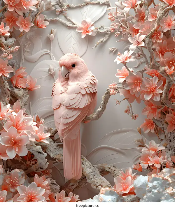Pink Parrot Perched on Blooming Cherry Blossom Tree