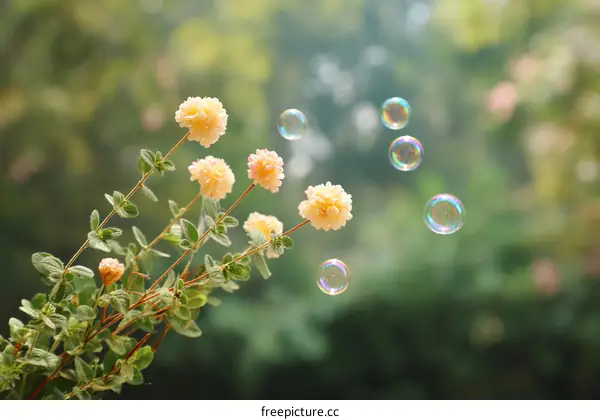 Delicate Flowers and Sparkling Bubbles in a Garden Setting