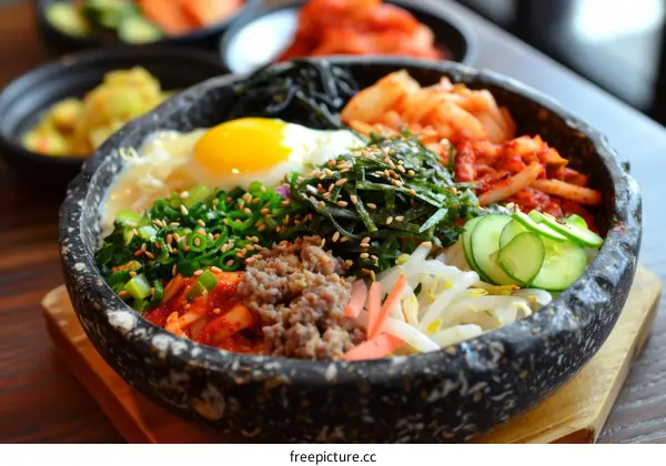 Classic Korean Bibimbap with Rice, Meat, Egg and Vegetables