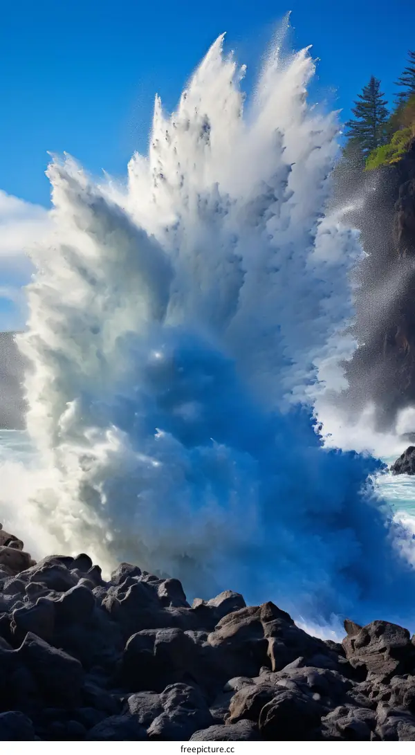 Enormous Ocean Wave Crashing Against Coastal Rocks