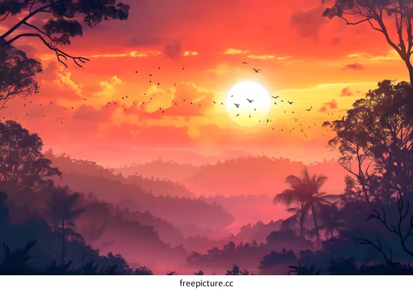 Tropical rainforest at sunset