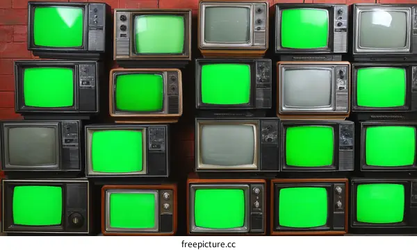 Vintage Televisions on Brick Wall Display