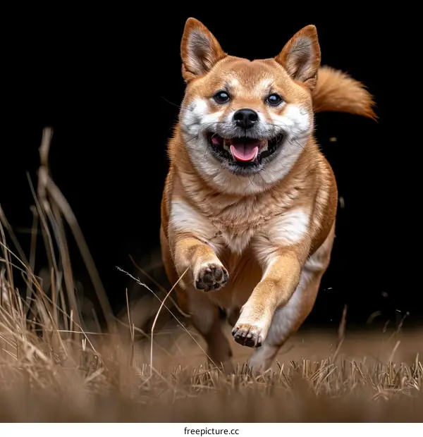 A happy Shiba Inu running through a field of tall grass