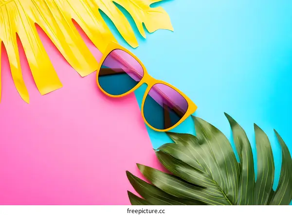 Yellow Sunglasses with Palm Leaves on a Pink and Blue Background