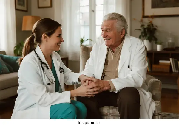 Female Doctor Holding Hands with Elderly Male Patient in Clinic