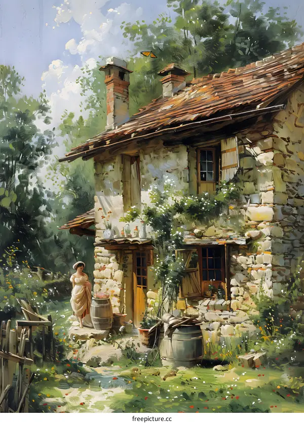 A woman standing in front of a stone cottage