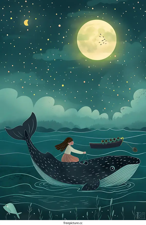 Girl Riding a Whale Under the Starry Night