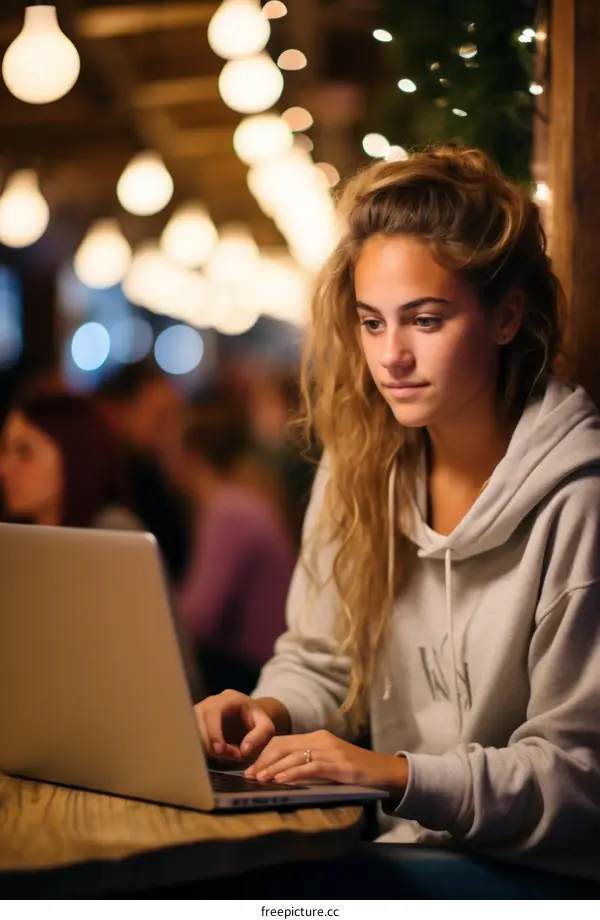 Young woman working on laptop in cafe at night