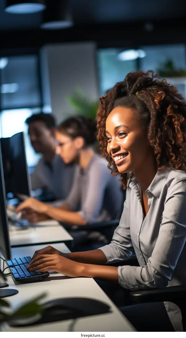 Black woman working at night in an office with a computer