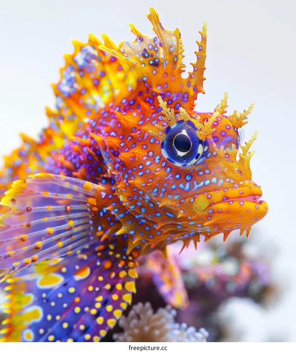 A stunning close-up of a psychedelic-looking weedy scorpionfish