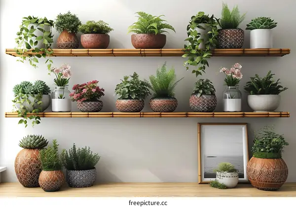 An illustration of a variety of house plants on shelves against a white wall with a wooden table below
