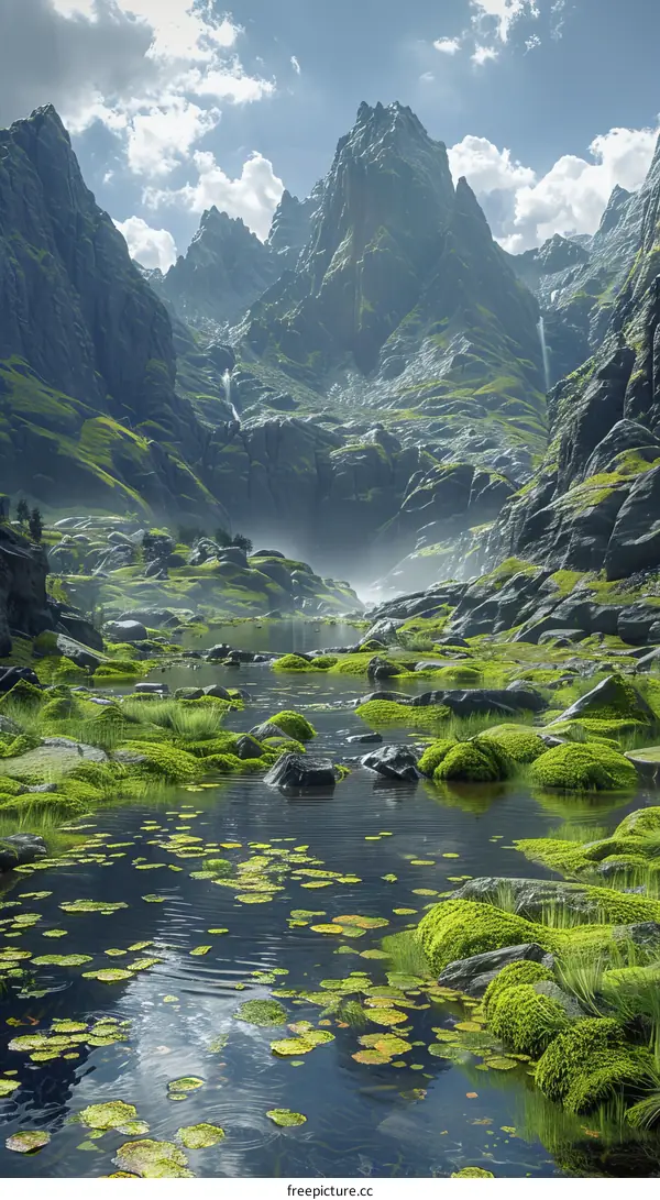 Fantasy Mountain Landscape with Waterfalls and Serene Lake