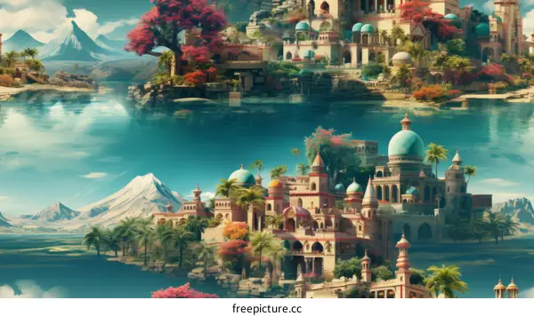 A beautiful floating city with blue water and mountains in the background