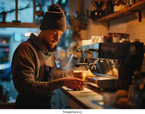 Barista making coffee with coffee machine in cafe