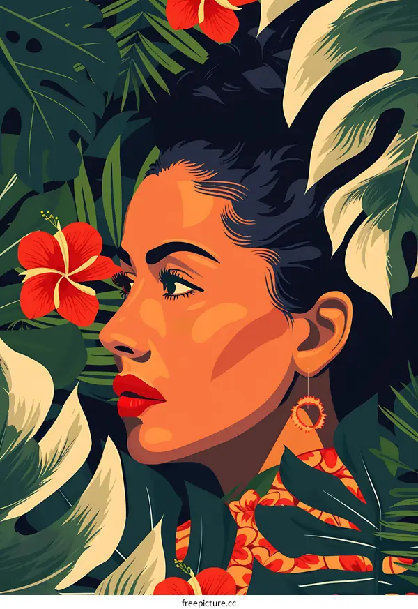 Woman with Flowers in Hair and Tropical Leaves