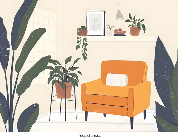 Cozy Living Room Interior Illustration with Orange Armchair and Plants