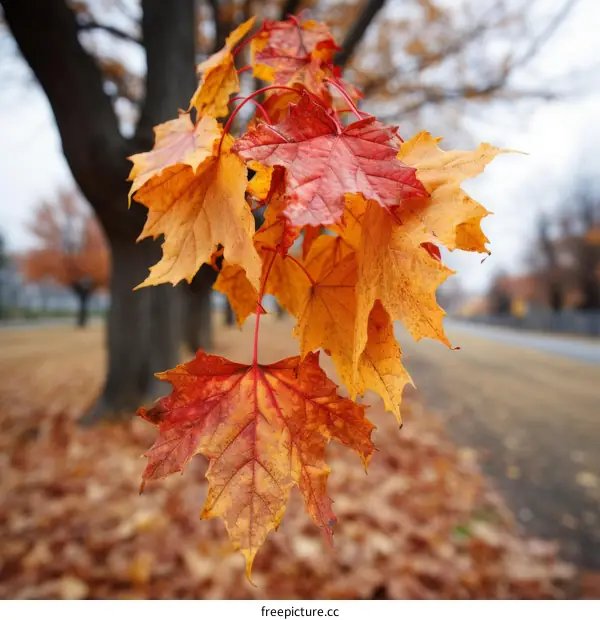 A close-up of a cluster of red and yellow maple leaves on a tree branch in the fall