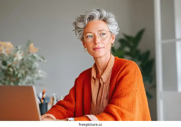 Mature Woman Working on Laptop in a Modern Office Setting