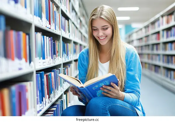 Happy Girl Reading in a Library