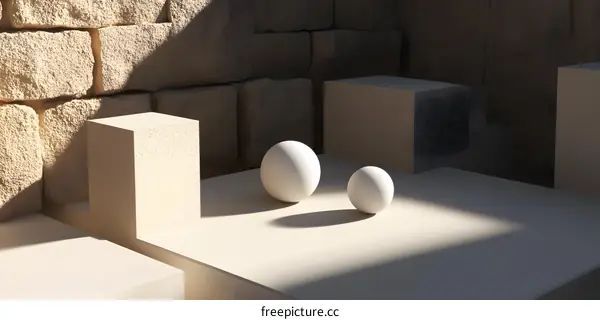 Abstract Minimalist Composition with White Spheres and Stone Wall Background