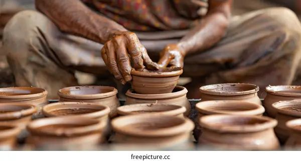 Indian potter making clay pots