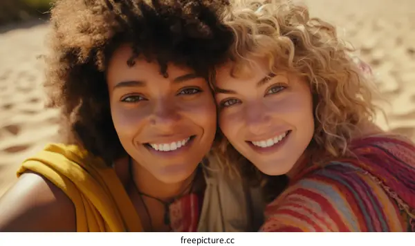 Two young women with curly hair smiling at the camera