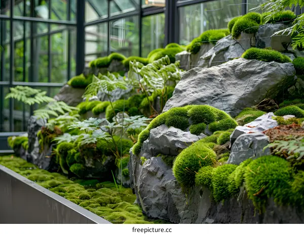 Green Moss and Rocks in a Glass Greenhouse