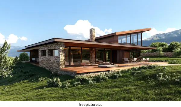 Modern House Design with Stone and Wood Exterior